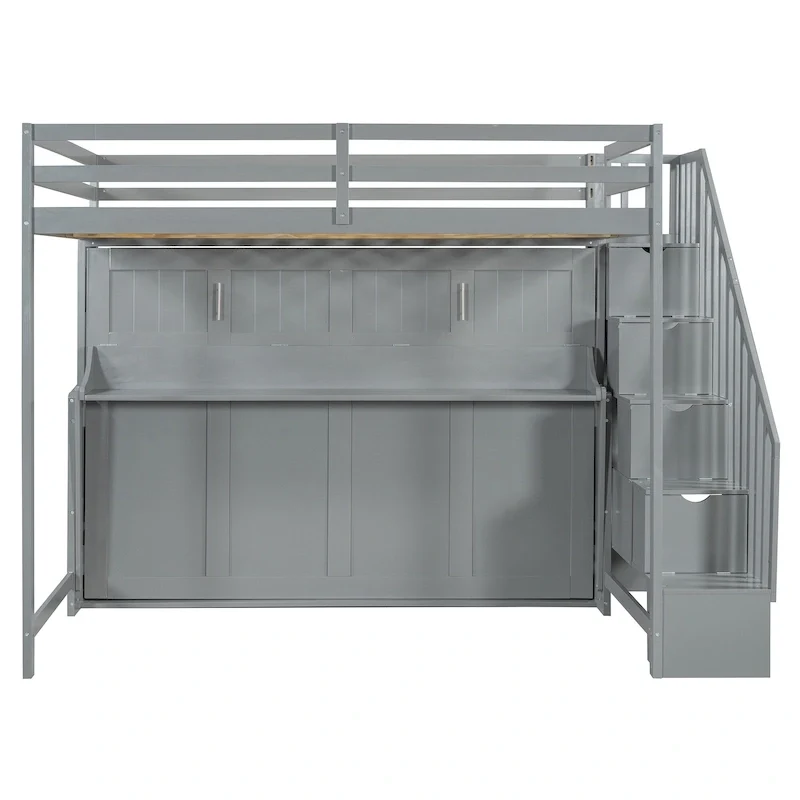 Gray Full-over-Full Murphy Bunk Bed with Desk & Storage Stairs, Sleeps 2
