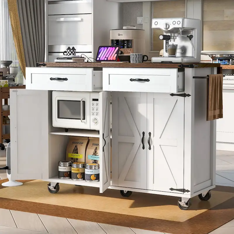 53.5Farmhouse Kitchen Island with Power Outlet, Kitchen Storage Island with Drop Leaf, Spice Rack and Drawer