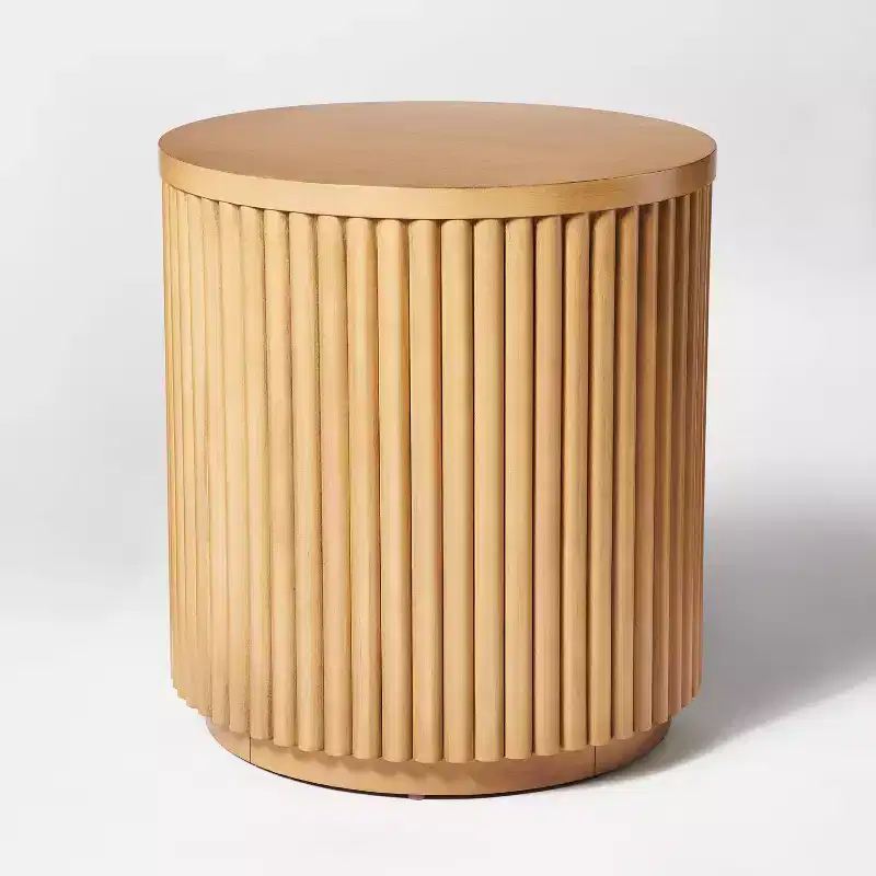 Round Accent Side Table with Fluted Base - Natural Brown