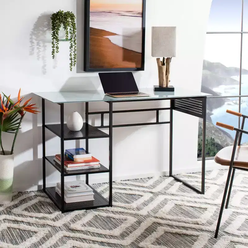 Xyla 3 Shelf Glass Top Desk - DSK2208 - White/Black - Safavieh