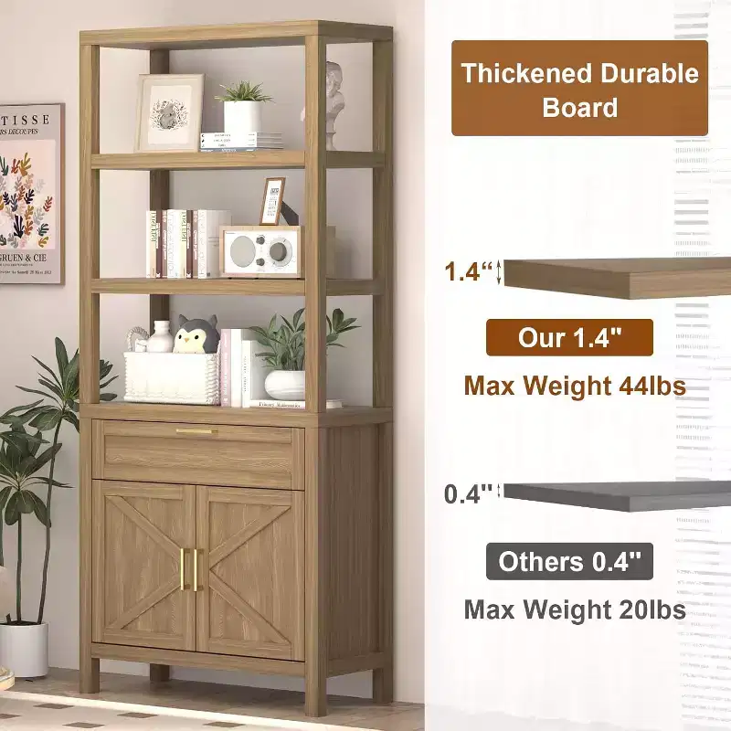 Farmhouse Bookcase with Doors & Drawer, 5-Tier Tall Storage Shelf
