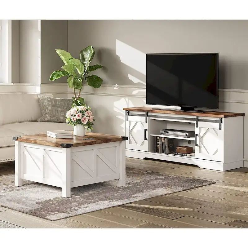 WAMPAT Farmhouse Sliding Barn Door TV Stand and Coffee Table Set of 2