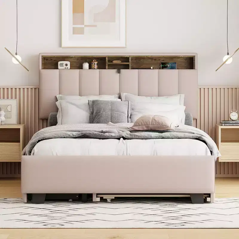 Full/Queen Bed Frame with Storage Headboard and Twin XL Size Trundle, Linen Platform Bed with 2 Drawers and Sockets & USB Ports