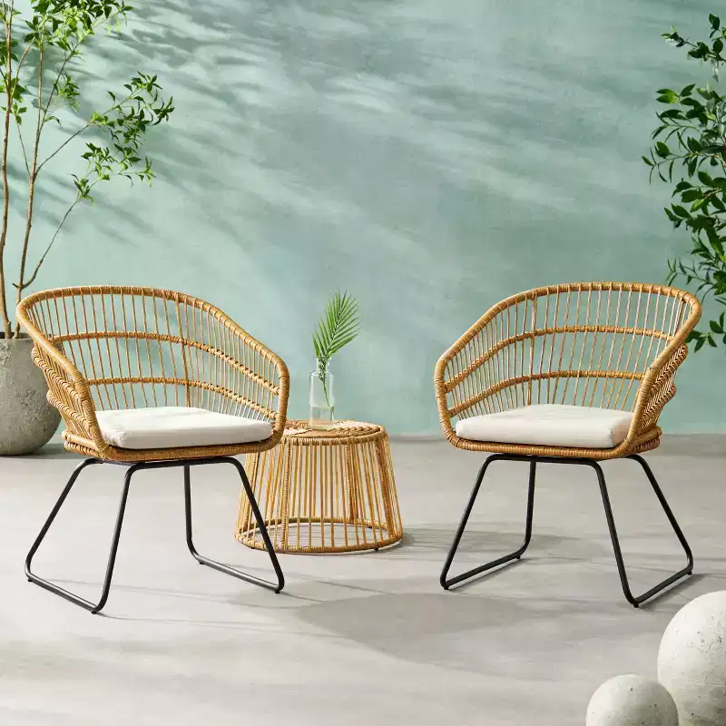 Christopher Knight Home Lemere Outdoor Wicker and Iron 3 Piece Chat Set with Cushion, Light Brown/Beige