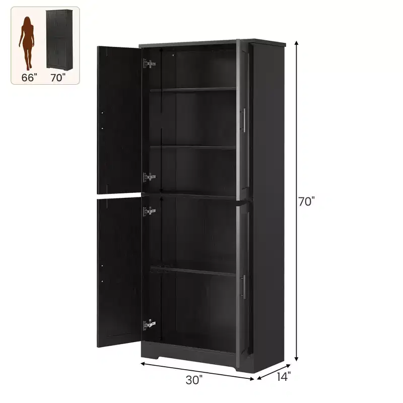 70 in Tall Kitchen Pantry Cabinet, Freestanding Storage Cabinet with 4 Doors and Adjustable Shelves, Utility Hutch Cupboard for Dining Room, Bathroom