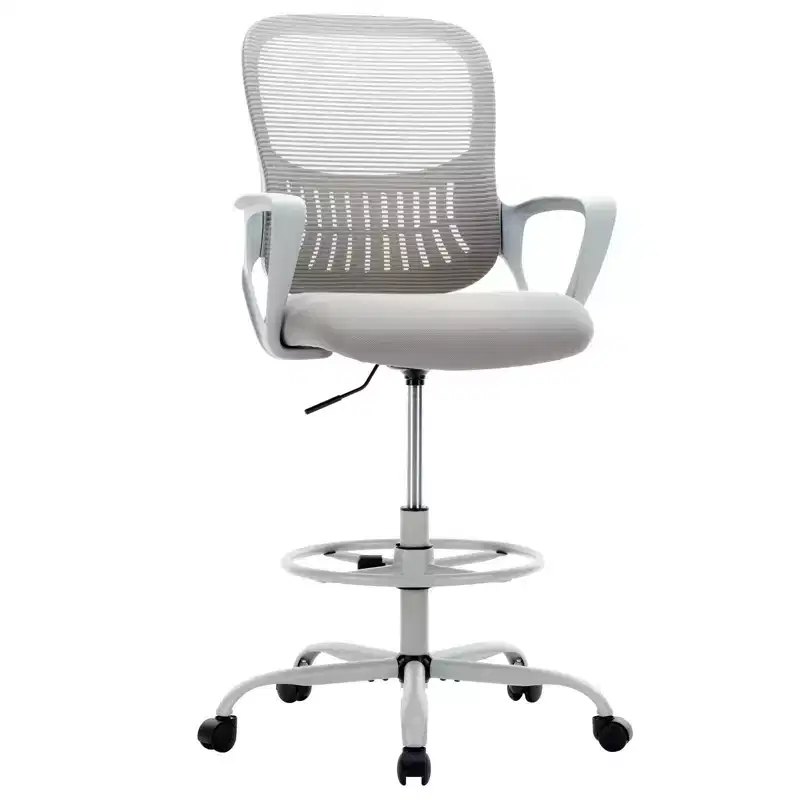 Ergonomic Office Chair for Standing Desk, Height Adjustable, Fixed Armrests, Gray Mesh