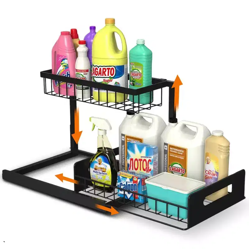 Heavy-Duty Under Sink Storage Organizer 2-Tier Pull-Out Cabinet Shelf with Metal Frame and Guardrails