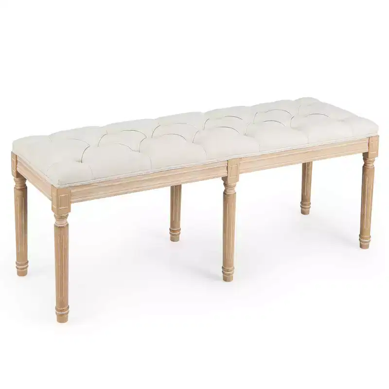 Costway 47 French Vintage Entryway Bench Upholstered Dining Bench with Rubber Wood Legs Beige/Grey