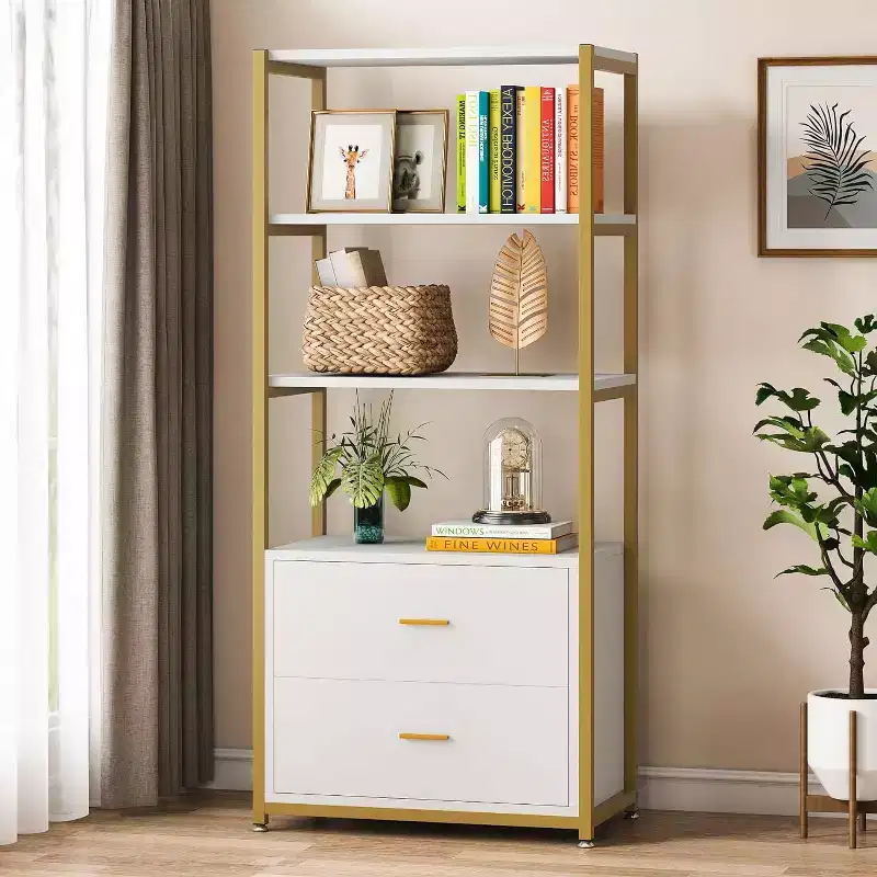 4-Tier Bookshelf with 2 Drawers – Metal Frame, Particle Board, 60