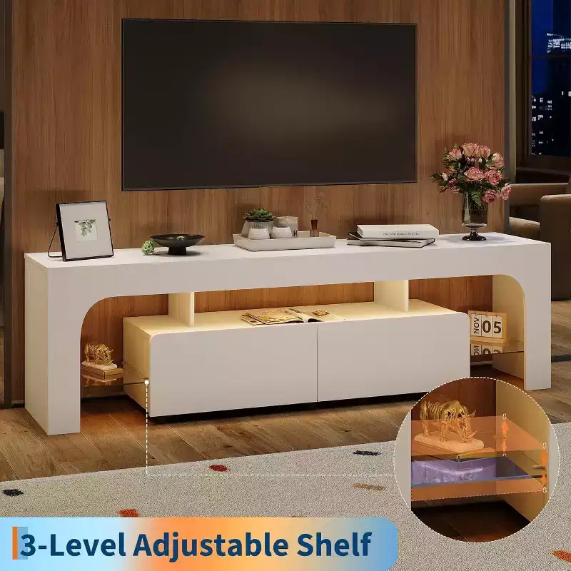 TV Stand with LED Lights, Modern Entertainment Center with 2 Drawers and Open Shelf for TVs Up to 70 Inches