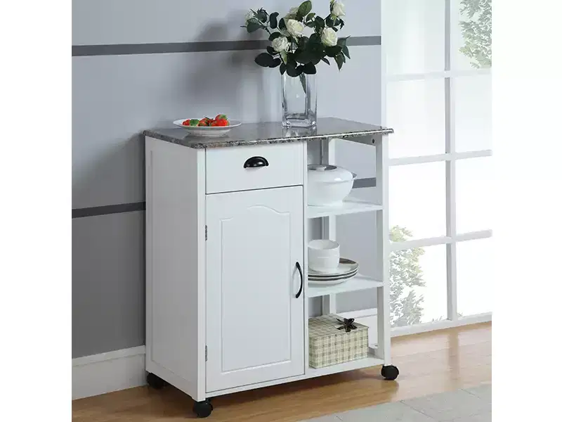 Kings Brand Furniture Francois Wood & Marble Vinyl Top Kitchen Storage Cabinet Cart, White