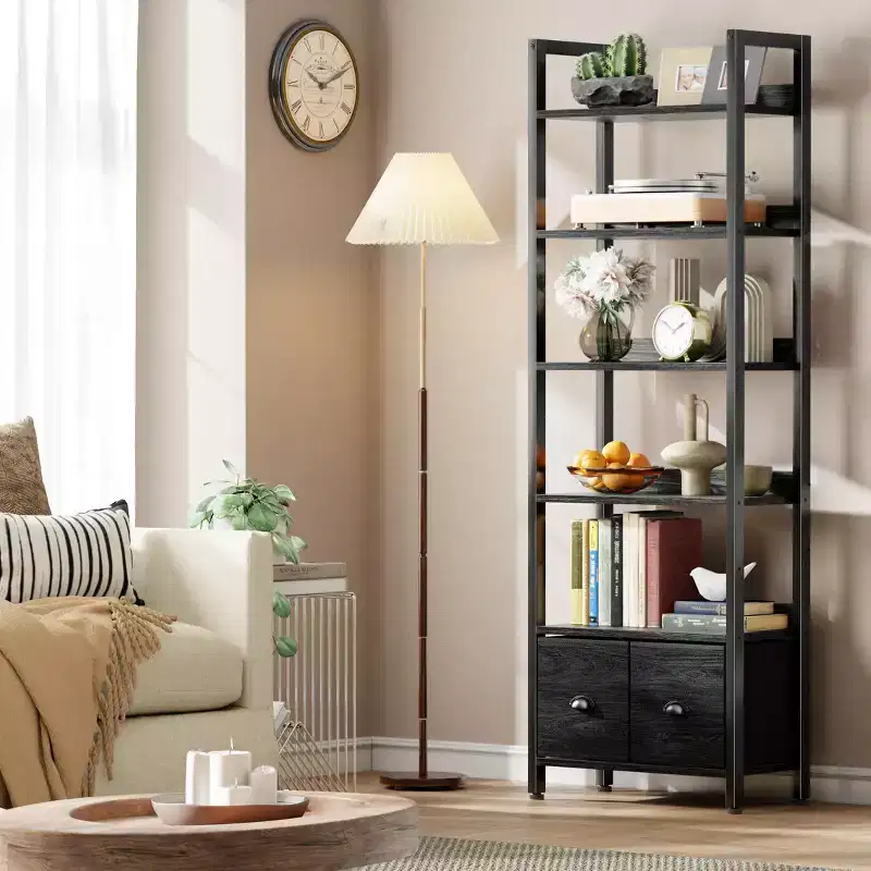 6 Tier Industrial Tall Bookcase with Two Storage Drawers Wood Metal Freestanding Bookshelf Display Organizer Shelf for Home Office Bedroom Black Oak