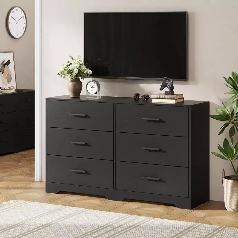 Dresser for Bedroom, Modern 6 Drawer Dresser for Bedroom, Wide Wood Chests of Drawers Storage with Metal Handle for Entryway, Hallway