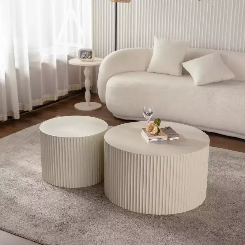 Set of 2 Beige Nesting Drum Side Tables with Wave Stripe Design for Living Room or Bedroom