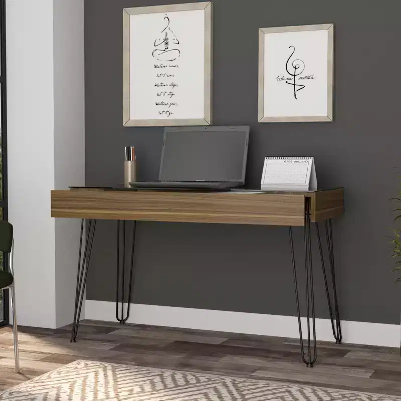 Black Glass Top Industrial Writing Desk with Hairpin Legs, 1-Person