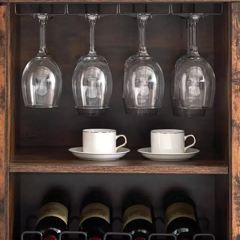 Wine Bar Cabinet with LED Light and Detachable Rack, Wine Cabinet with Mesh Door, Liquor Cabinet with Glass Holder, Coffee Bar for Liquor