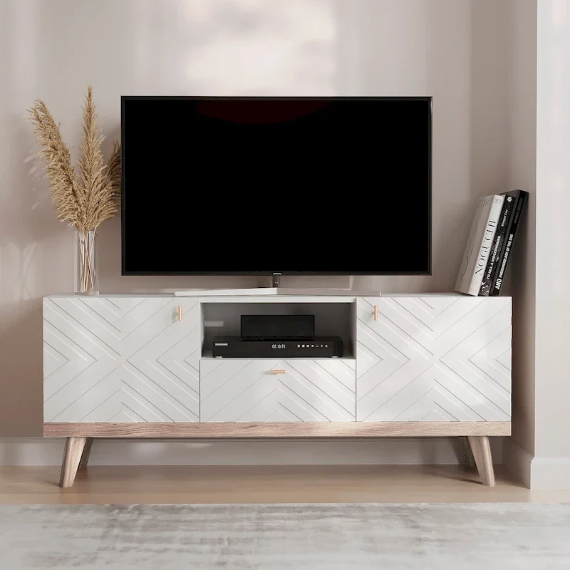 Mid-Century Modern TV Stand Console with Drawer, Beige, Fits TVs up to 65 in, Wood Legs