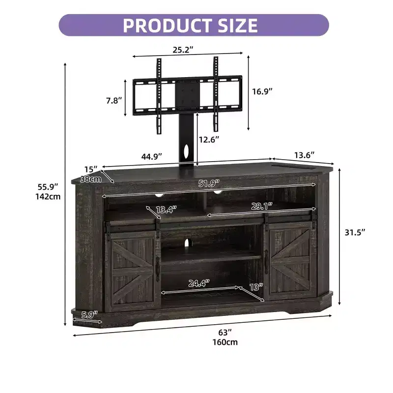 TV Stand with Mount for 70 Inch TV, Corner Entertainment Center with Sliding Barn Doors & Power Outlet , Media Console Table for Living Room