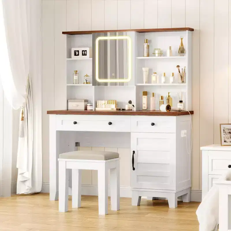 GustoWave Makeup Vanity Desk,Makeup Vanity with Mirror and Lights & Power Outlet, Makeup Table with 2 Drawers and Cushioned Stool, Dressing Table
