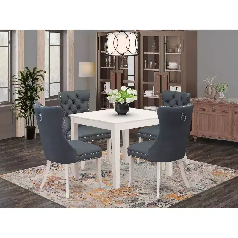 5-Piece Linen White Finish Solid Wood Top - Square Upholstered Dining Room Set - Seats 4