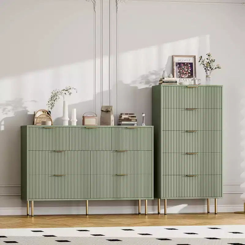 5 Drawer Dresser, Tall Modern Chest with Fluted Panels & Wide Gold Handles, Bedroom Storage Organizer for Closet, Living Room, Entryway