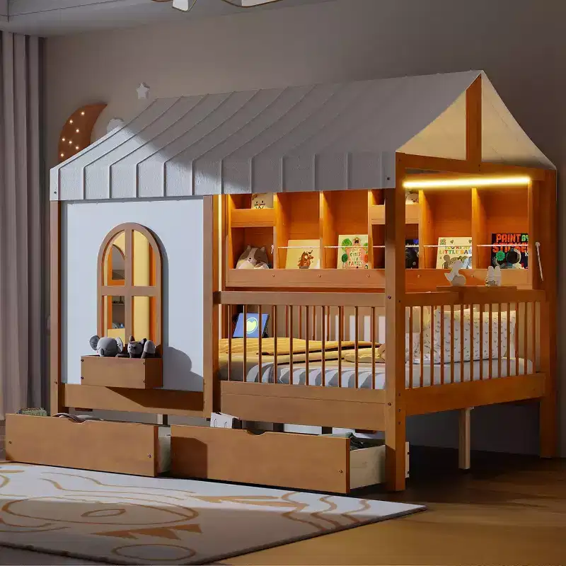 Full Size House Style Bed With 2 Drawers, Lighted Storage Shelves, Charging Station, Roof And Guardrails