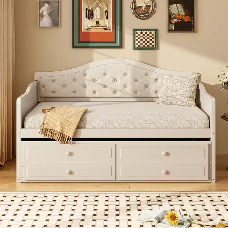 Whisen Twin Size Daybed Frame, Wooden Sofa Bed with Trundle, Button Tufted Backrest, 2 Storage Drawers