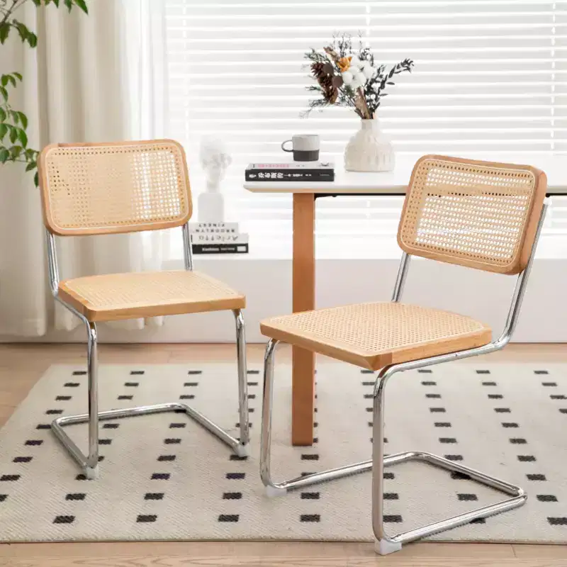 GDFStudio Bijan Mid-Century Modern Rattan Dining Chairs with Chrome Legs (Set of 2)