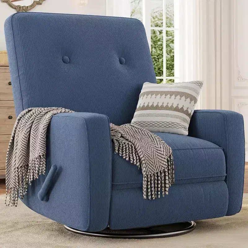 Nursery Recliner Chair, 360 Swivel Rocking Glider Chair for Adults with Adjustable Backrest & Footrest, Cozy Linen Upholstered Armchair for Bedrooms