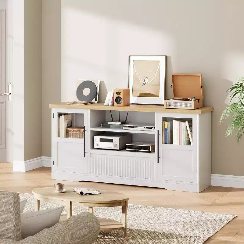 CuisinSmart Retro TV Stand Up To 75'' TVs, Farmhouse Media Console TV Cabinet with 2 Glass Doors&Open Shelves, for Living Room Bedroon