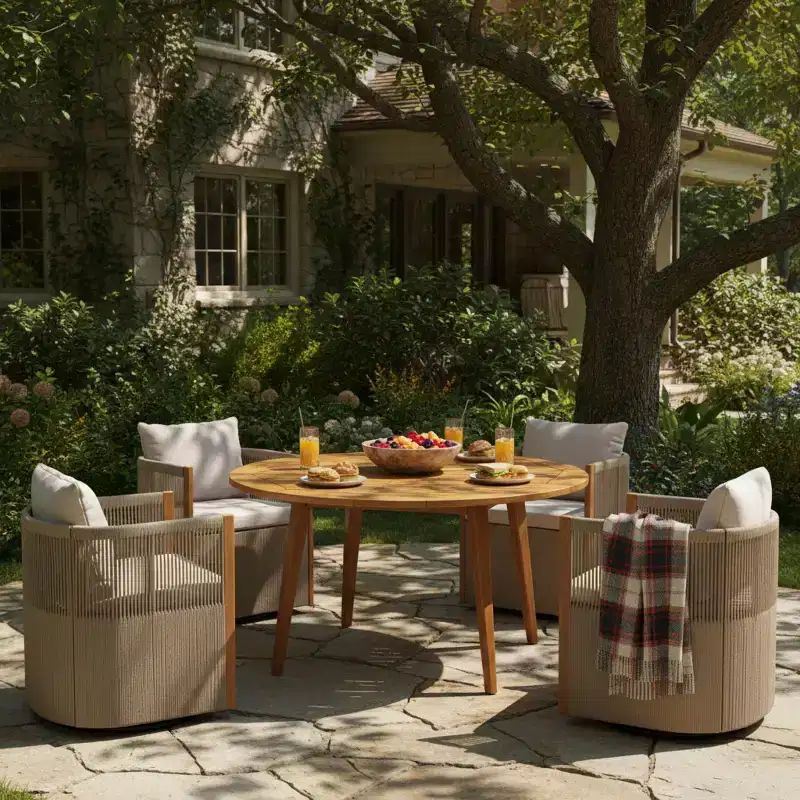 Christopher Knight Home Oliver Outdoor Patio 5-Piece Acacia Wood and Rope Swivel Dining Set with Cushions, Table and 4 Chairs