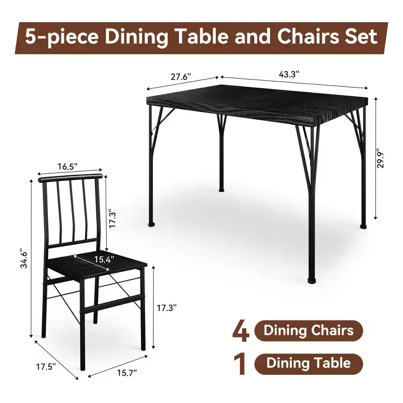 Dyonery 5-Piece Dining Table Set for 4 People, 43.3 Small Kitchen Table Set with 4 Armless Chairs, Solid Wood Top & Metal Legs, Easy Assembly