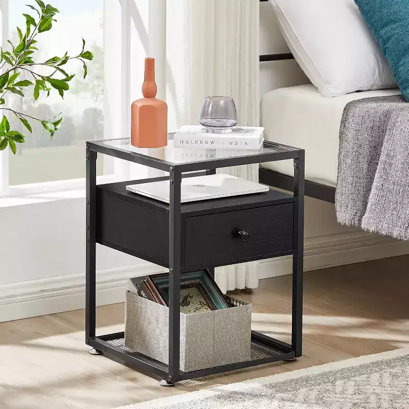 VECELO 1/2 PCs 3-tier Nightstand Glass Top Side End Table with Drawer & Open Shelf Brown/Black
