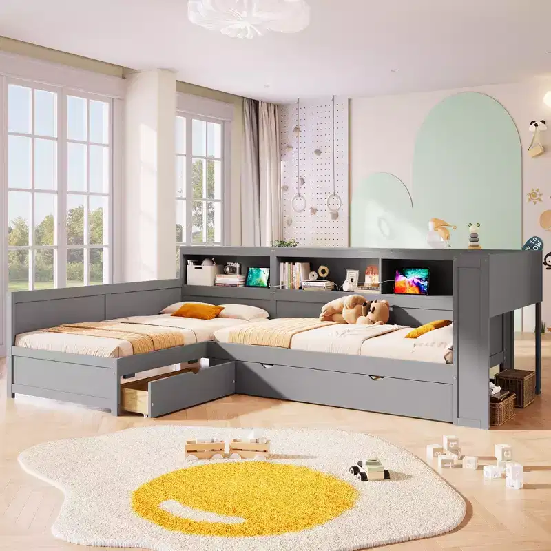 L Shaped Twin Beds for 2, Corner Bed with Trundle & Drawer, Twin Size L Shaped Bed with Storage Shelf for Boys and Girls
