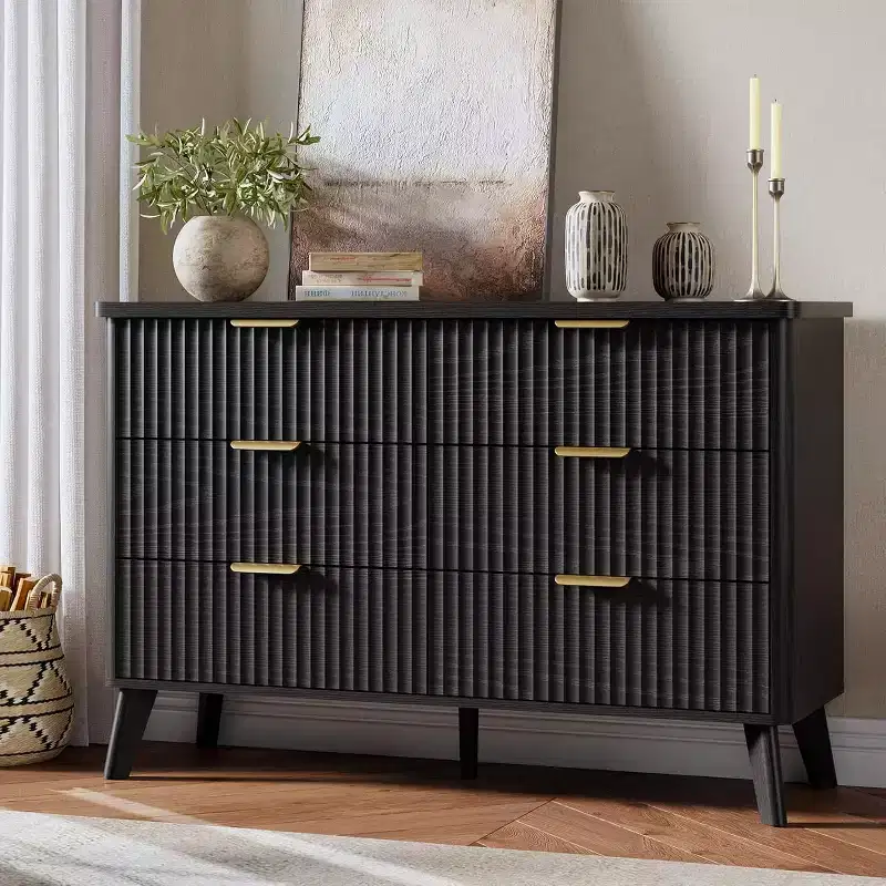 COZONY Fluted Dresser with 6 Drawers, Modern Wooden Chest with Curved Design for Bedroom Storage