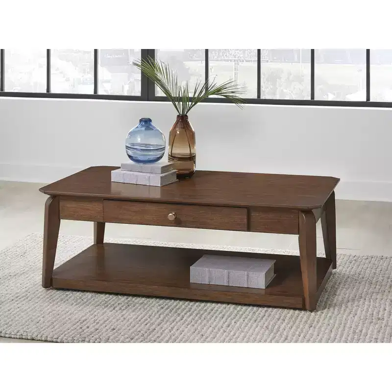 Mid-Century Modern Rectangular Coffee Table with Storage Drawer, Casters & Shelf, Brown