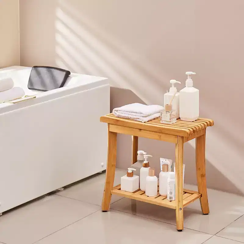 Bamboo Shower Bench, 19.1 x 11.3 x 18.3 in Waterproof Shower Stool with Storage Shelf, 330 lbs Bath Seat for Indoor & Outdoor