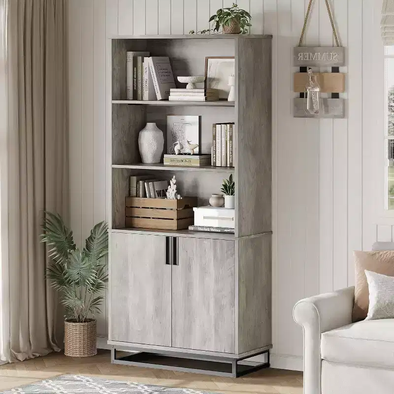 Farmhouse Bookshelf with Doors, Metal Base, 3 Open & 2 Hidden Shelves, Waterproof Scratch-Resistant