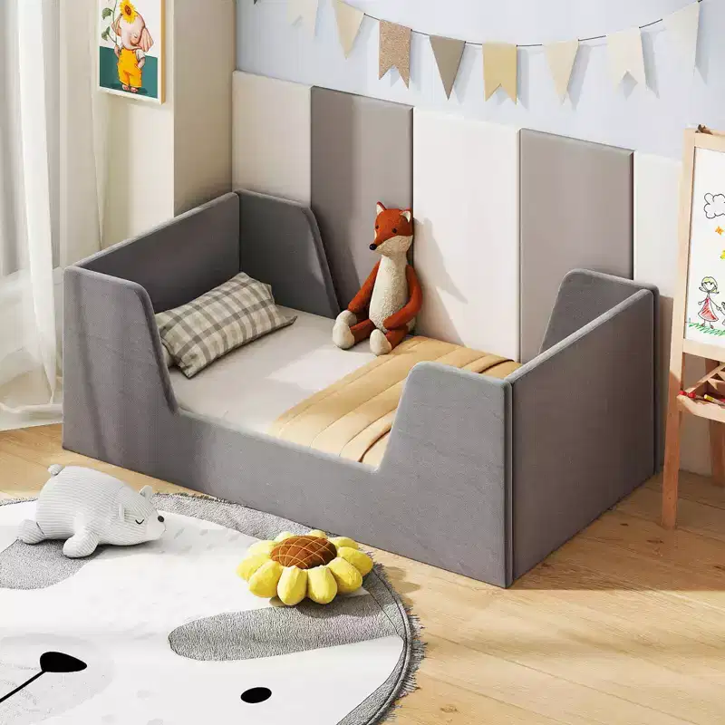 Costway Soft Velvet Fabric Upholstered Children Floor Bed with Safety Rails & Headboard Gray/Pink