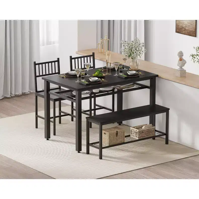 4 Piece Dining Table Set for 4, Wood Kitchen Table with 2 Chairs and Bench, Rectangular Kitchen Table Set with Storage Shelf for Living Room