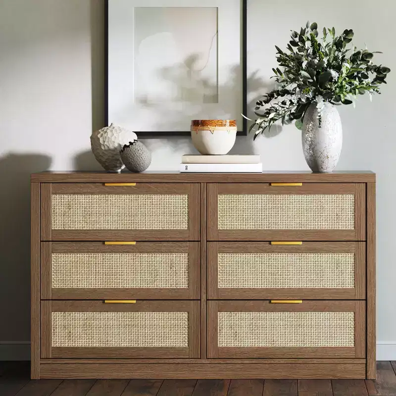 6 Drawer Dresser for Bedroom, Rattan Chest of Drawers with Gold Handle, 52.7W Storage Dressers Organizer, Entryway Console Table