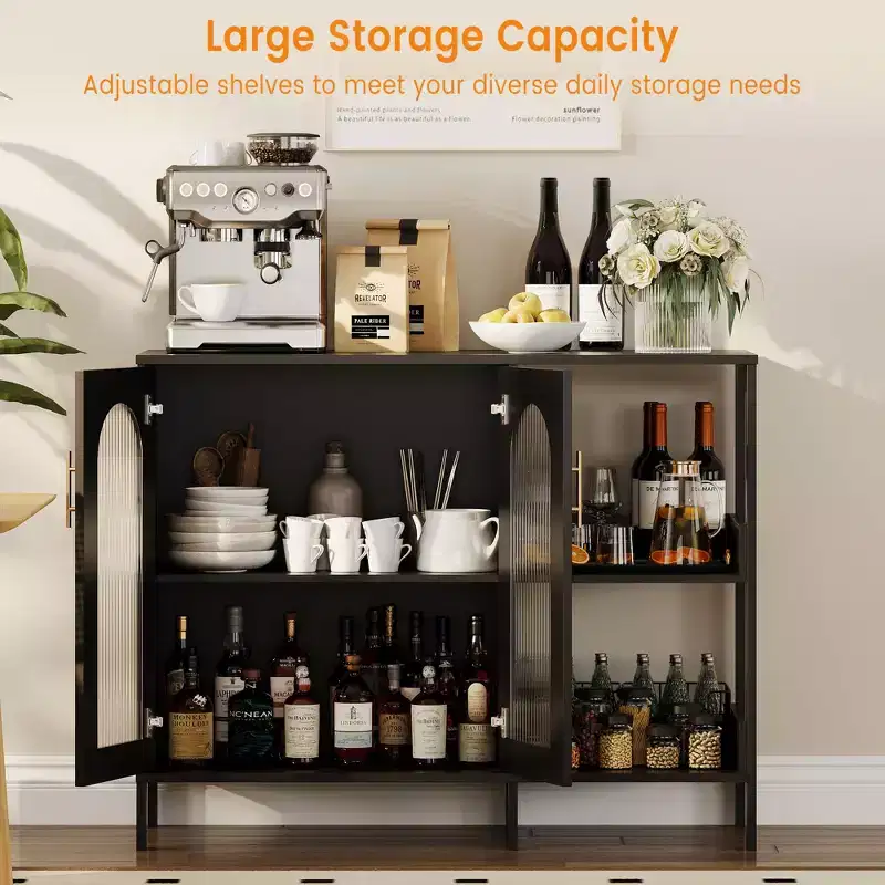Buffet Sideboard Cabinet, Wooden Storage with Glass Doors, Two Metal Handle, Storage Cabinet with Adjustable Shelves, Modern Sideboard