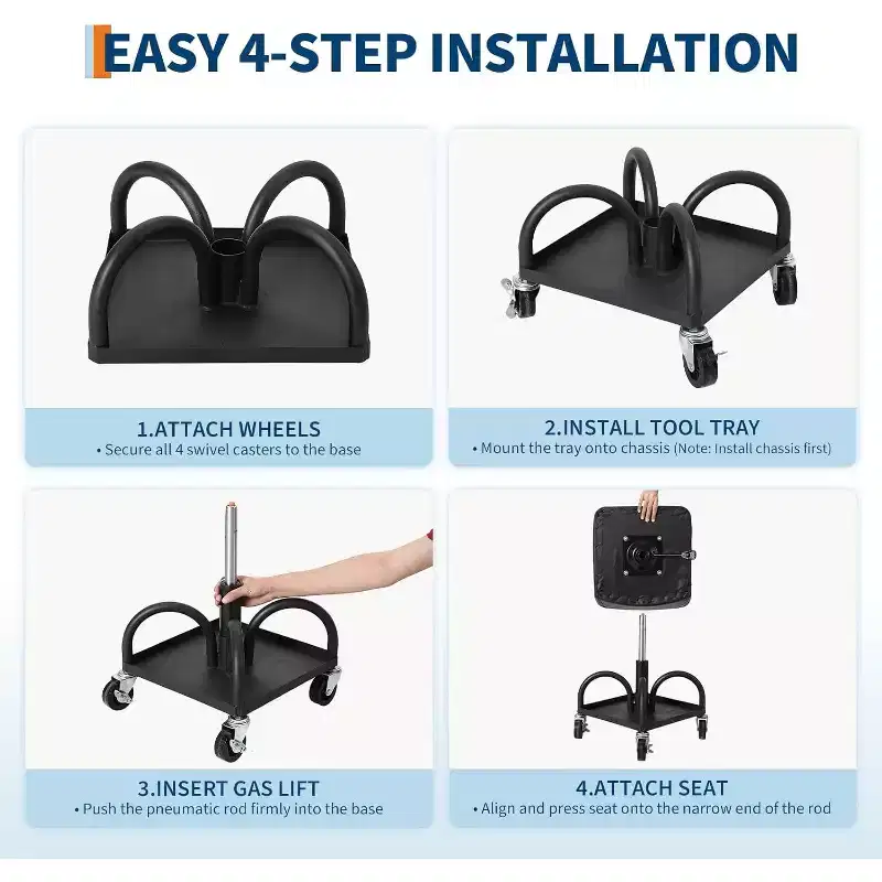 Rolling Garage Stool with Padded Seat, Height Adjustable 15.7-20.5, 300LB Capacity, Utility Tray, Lockable 360 Wheels, Black