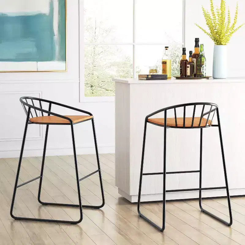 ClickDecor Set of 2 Bedford Barstools Black: 30" Fixed Height, Metal Frame, Footrest, Floor Protectors