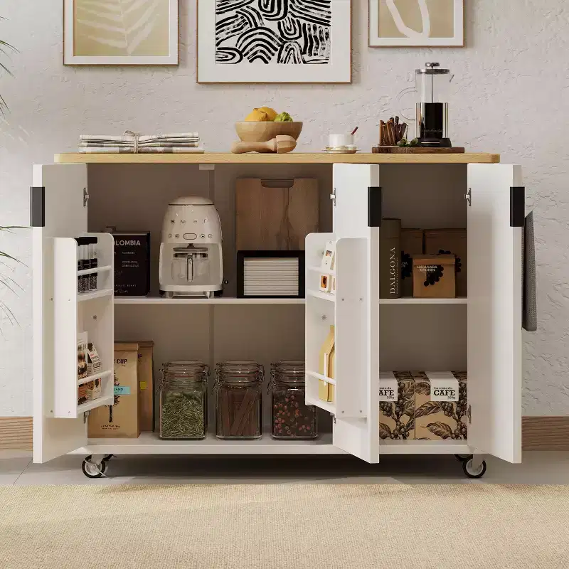 51 inch White Fluted Kitchen Island with Drop Leaf Rolling Kitchen Cart with Towel Rack for Kitchen Dining Room