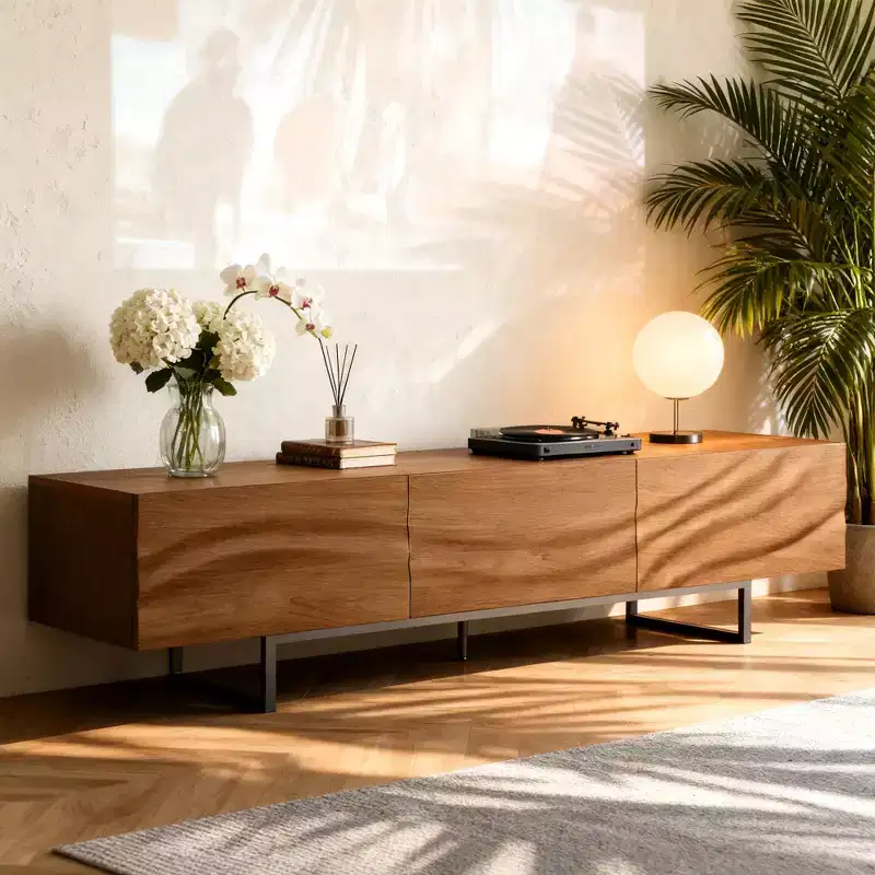 82.83 Modern Solid Wood Relief TV Stand - 3 Drawers, Metal Legs & Ventilation Holes