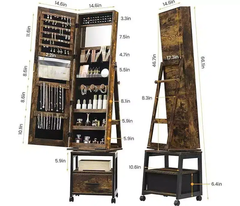 360Swivel Jewelry Armoire, Lockable Standing Jewelry Organizer with Mirror, Drawers and Wheels, Jewelry Armoire with Collapsible Makeup Stand