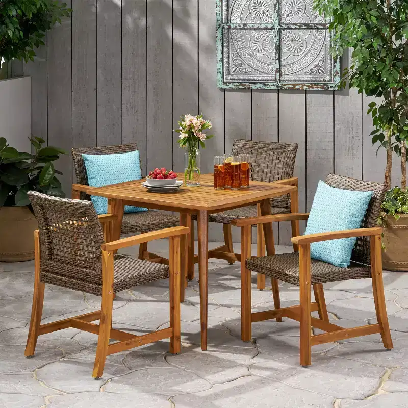 Christopher Knight Home Clausen Outdoor Acacia Wood and Wicker 5 Piece Dining Set, Teak/Mixed Mocha