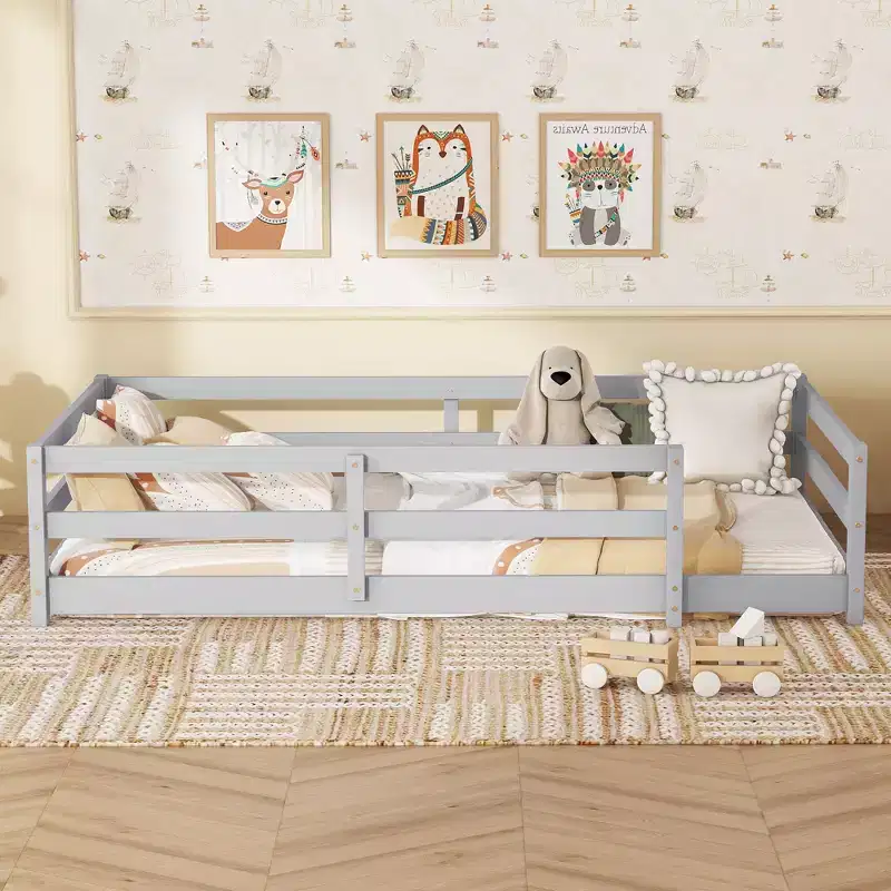 TUYOHW Twin Size Toddler Floor Bed with Fence for Kids,Modern Metal Montessori Bed for Bedroom