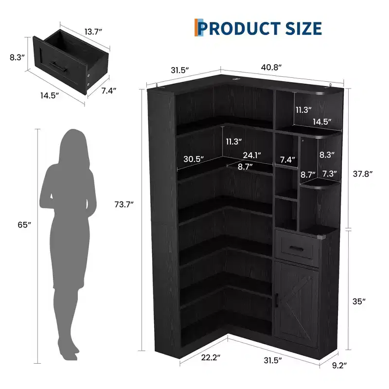 Corner Bookshelf, 74 Tall Corner Bookshelves, 6 Tiers L-Shaped Bookcase with Open Shelves and Storage Drawers for Living Room or Home Office